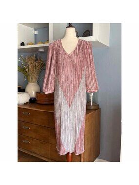 Vtg 80’s Pierre Labiche Pleated Midi Dress Color Block Pink Gray